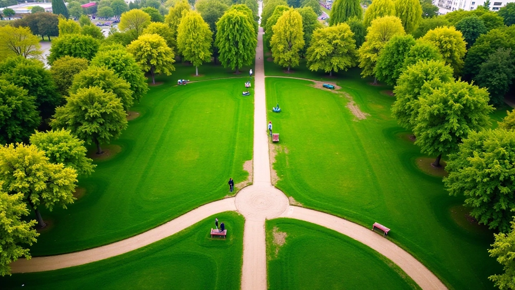 Kronvalda parks no augšas, zaļais telpas skaistums un soliņi