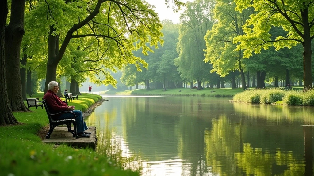 Kronvalda parks ar skaidru ūdeni un skaistiem apkārtējiem, seniori mierinās uz soļiem
